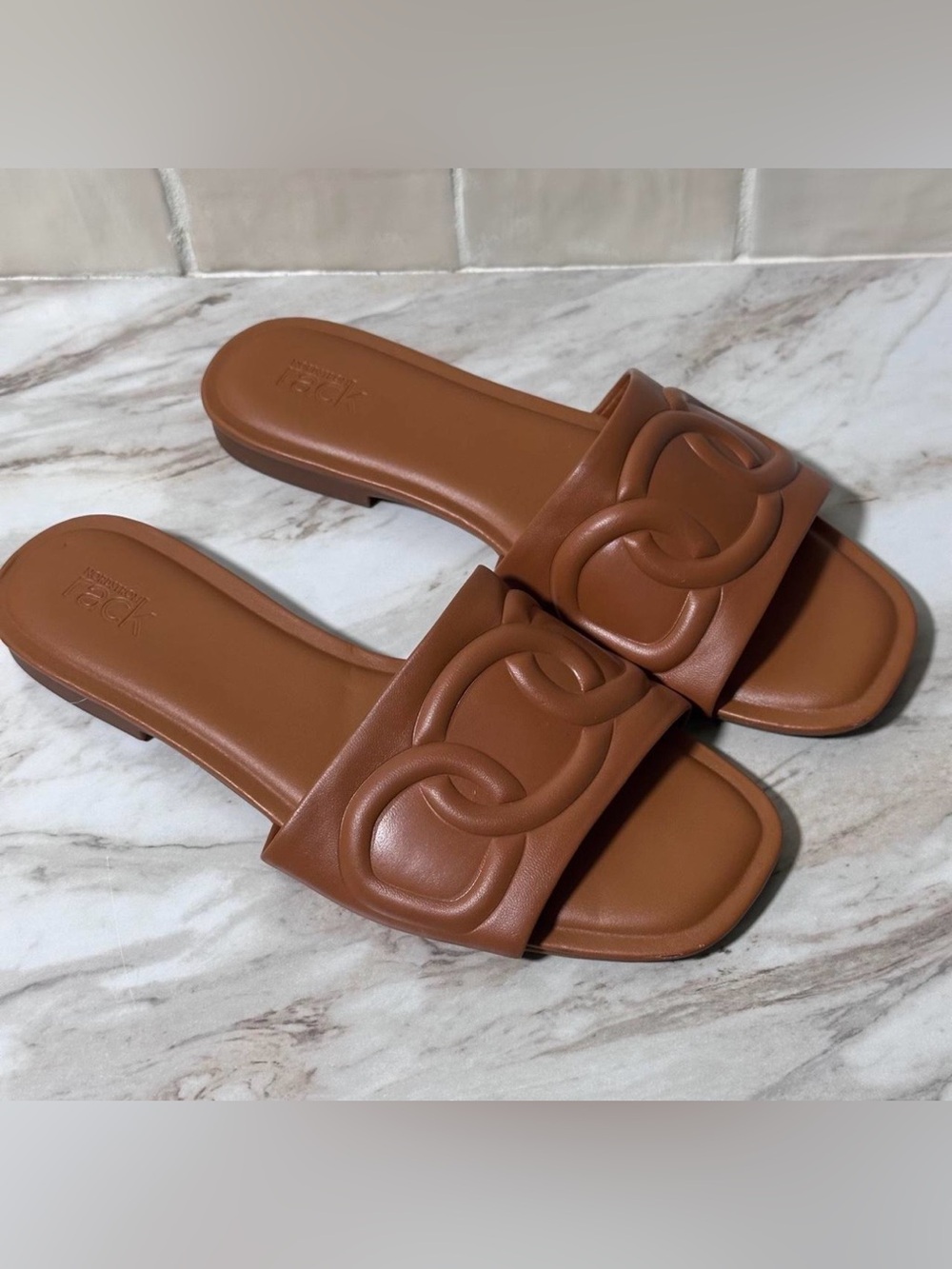Nordstrom Rack Brown leather slides with embossed logo